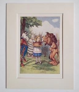 Vintage Alice in Wonderland Print & Mount c1940's Nursery Decor Wall Art Lion - Picture 1 of 3