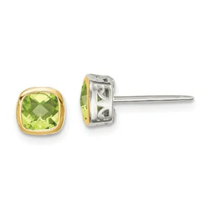 14k/Silver Two-Tone Sterling Silver w/ 14K Accent Peridot Square Stud Earrings - Picture 1 of 3