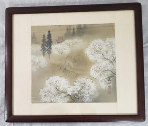 Vintage japanisches asiatisches Aquarell auf Seide Kirschblüten Schrein Tempel signiert - Bild 1 von 14