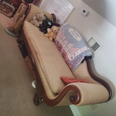 Carved Mahogany Antique Sofa. Reupholstered in 1990's.  - Image 1 of 4