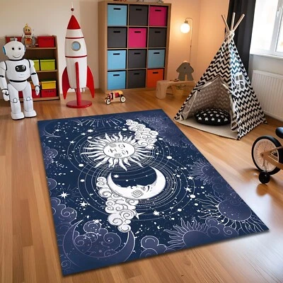 Sun and Crescent Moon Carpet Navy Blue Night Space Star Mat Meditation Decor - Image 1 of 3