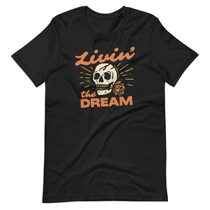 Livin’ the Dream Totenkopf T-Shirt Grunge Vintage Grafik Boho Indie Unisex Retro - Bild 1 von 17