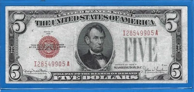 Billete tipo I ancho de licitación legal 1928F $5 USN, sello rojo, circo en muy buen estado, ¡bonito! Foto 1 de 2