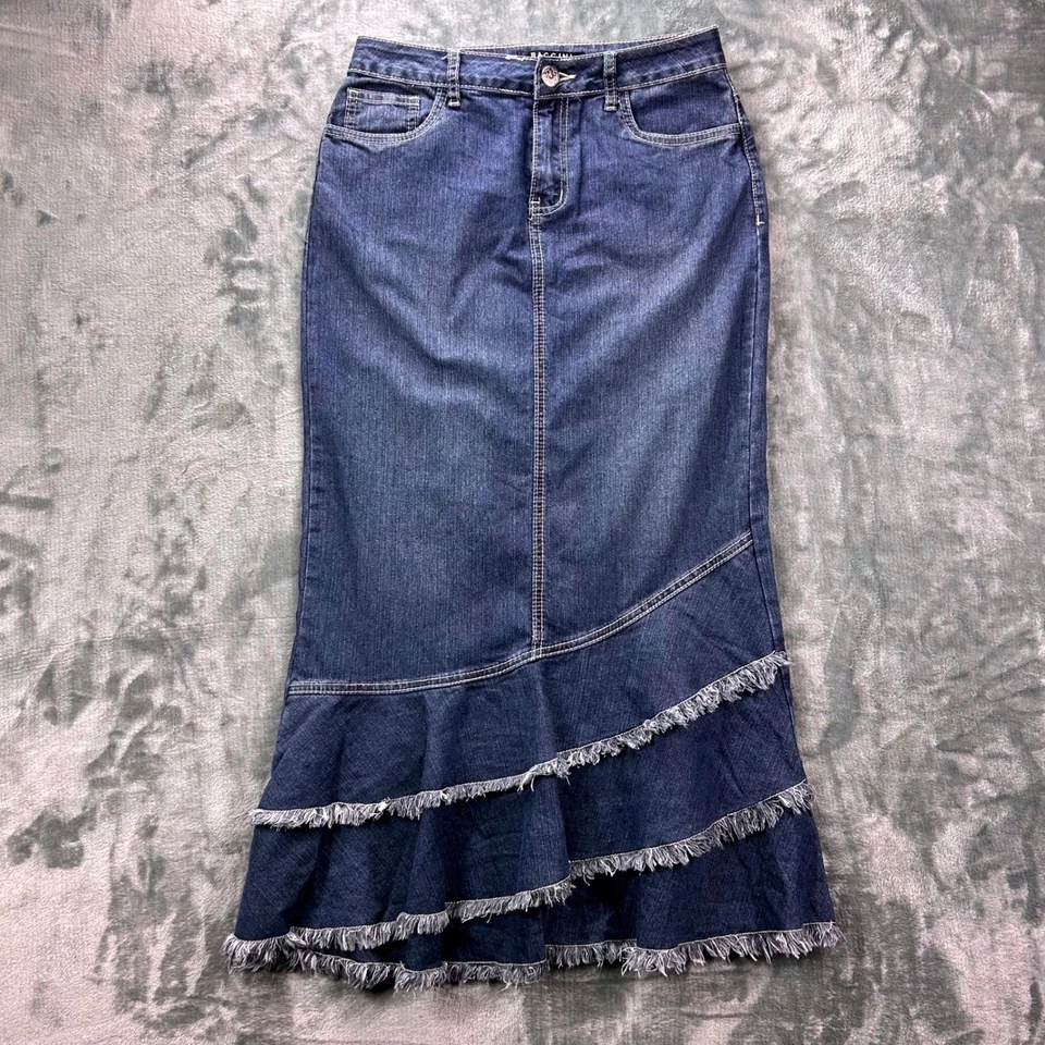 Maxi Falda Baccini Denim Para Mujer Talla 2 Azul Deshilachada Volantes en Niveles Boho Acampanada Foto 1 de 4