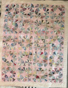 Antique Vintage Handmade Grandmothers Fan half circle Quilt 79” X 63” AS IS - Picture 1 of 21