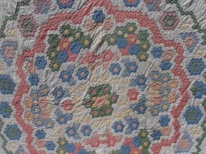 Grandmas Flower Garden Cotton Batted Hand Stitched Quilt Pink Blue Green 86X96 - Picture 1 of 19