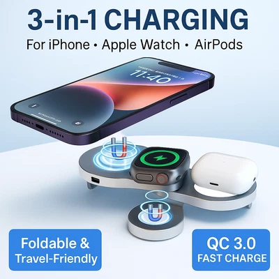 Estación de carga inalámbrica 3 en 1 para iPhone/Reloj/AirPods - Carga rápida plegable Foto 1 de 4