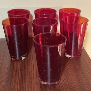 7 Amberina Red Hand Blown Bubble Glass Clear Heavy Bottom Tumblers 5.5” - Picture 1 of 5