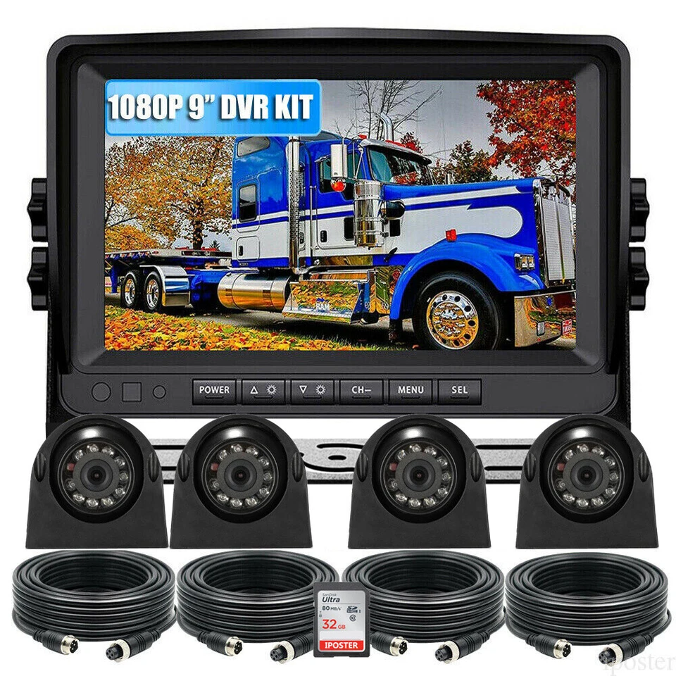 9" QUAD MONITOR DVR 4X 4PIN AHD 1080P Rear SIDE VIEW CAMERA System FOR TRUCK RV - Image 1 of 4