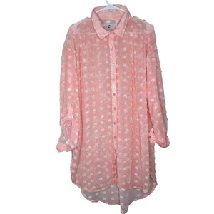 Cupio Women's Textured Circles Pink/Peach Button Down Tunic Sheer Top Size L - Picture 1 of 6