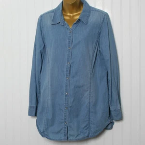 J Jill Blue Chambray Collar Long Sleeve Button Seam Cotton Tunic Blouse Medium - Picture 1 of 9