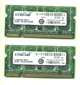 (2) CRUCIAL 1GB (2GB TOTAL) DDR2 SODIMM LAPTOP RAM PC2-5300 #CT-12864AC667.M8FH8 - Picture 1 of 2