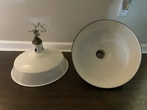 TWO VINTAGE ABOLITE WHITE PORCELAIN ENAMEL FARMHOUSE PENDANT LIGHTS RARE 1975 - Picture 1 of 4