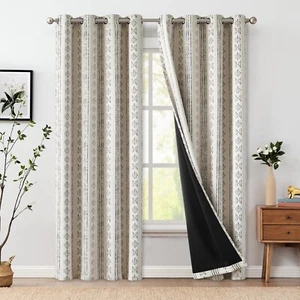 jinchan 100% Blackout Boho Curtains 84 Inches Long for Bedroom Black on Beige... - Picture 1 of 8
