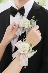 Set of 6 Pcs White Boutonniere for Men for Wedding Groom Groomsmen Artificial - Picture 1 of 5