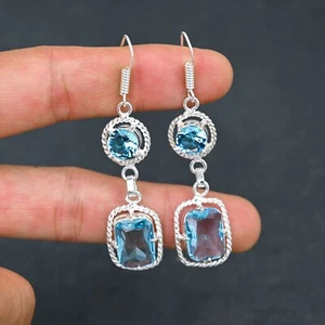 Blue Topaz Gemstone 925 Sterling Silver Earrings Handmade Jewelry Gift For Her - Picture 1 of 5