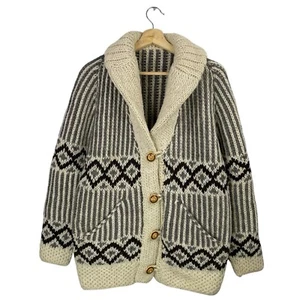 COWICHAN Chunky Hand Knit Tuak Siwash Cardigan Sweater 70s/60s Jacket VTG Large - Picture 1 of 8