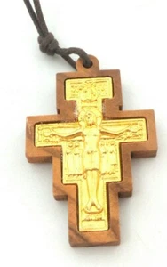 San Damiano Olive Wood - Gold-Tone Inset Cross Necklace Made in Italy - Picture 1 of 4