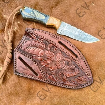 Damascus Knife/ Pancake Sheath Combo Western Style Tooled Leather Cowboy Fathers - Image 1 of 4