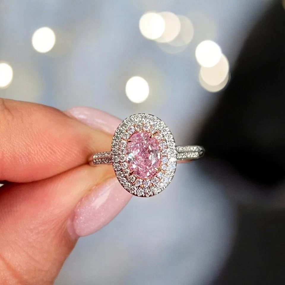Anillo de Diamantes IGI Elegante Rosa Intenso Ovalado 1.68 Ct Cultivado en Laboratorio Oro Blanco 14K Talla 6 Foto 1 de 4