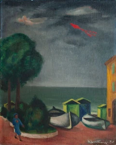 Renato Bontempi Italia località costiera Marina con palma firmato olio cartone da pittura 1952 - Foto 1 di 4