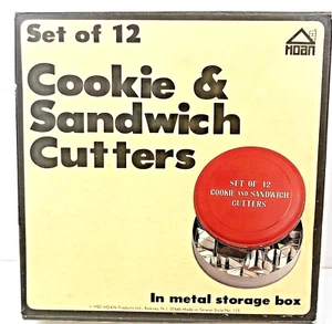 Juego de 12 formas de metal cortadores de galletas Hoan con caja de almacenamiento de metal #115 vintage - Imagen 1 de 11