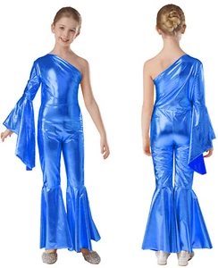 Kids Girls Dance Jumpsuit One Piece Bodysuit Shiny Romper Metallic Playsuit - Picture 1 of 95