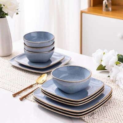 AmorArc Ceramic Dinnerware Sets for 4, 12 Pieces Handpainted Plates Bowls Blue - Image 1 of 4