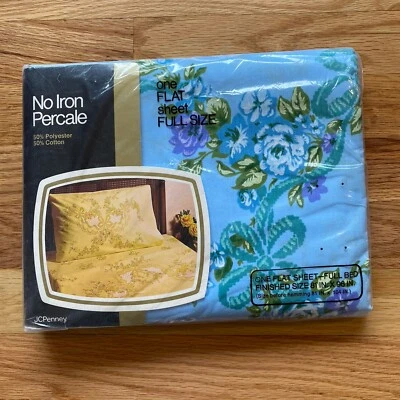 NEW Vintage JC Penney Full Flat Sheet 723-4624 Floral Blue & Green 4 Available - Image 1 of 4