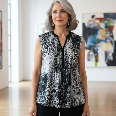 Blusa sin mangas Alfani para mujer talla 14 plisada leopardo manchado negra camiseta sin mangas Foto 1 de 4