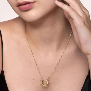 14K Gold Plated Sunshine Pendant Necklace – Dainty Spiked Choker In Gift Pouch - Picture 1 of 6