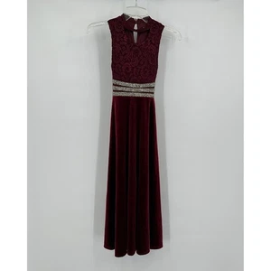 Girls Velvet Holiday Maxi Dress Size 10 Old Money Glam Lace Waist Sparkle Formal - Picture 1 of 9