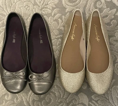 2 PARES DE ZAPATOS MUJER “AMERICAN EAGLE”. GRIS TALLA 6-1/2 Y DORADO BRILLANTE TALLA 6 NUEVO SIN ETIQUETAS Foto 1 de 4