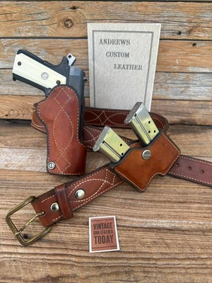 De colección Andrews Cuero Marrón Elegante Cosido IPSC Funda Cargador Conjunto Foto 1 de 4