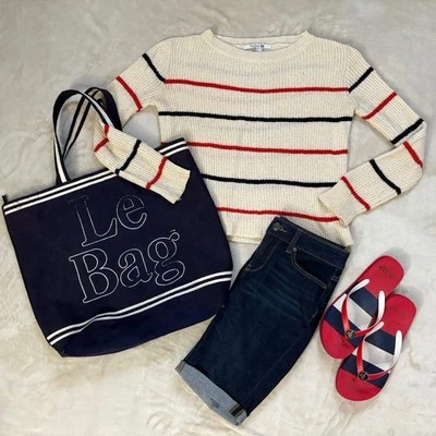FOREVER 21 cream Blue and Red Knit Striped long sleeve Sweater. Size Small. USA - Image 1 of 4