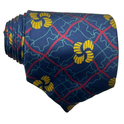 Gravata Claiborne masculina de seda abstrata geométrica azul vermelha mostarda dourada danificada - Imagem 1 de 4