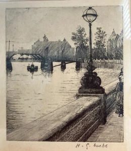 Pluma victoriana original 1929 y tinta puente de la ciudad arte enmarcado 10"x12" hecho a mano en EE. UU. - Imagen 1 de 9