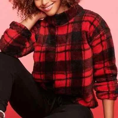 Women Sweater Maurices Plus 3X Buffalo red Black Plaid Sherpa Pullover Holiday  - Image 1 of 4