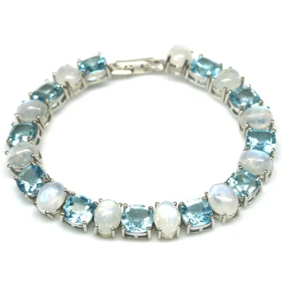 8 x 8 mm. Sky Blue Topaz & White Moonstone Bracelet 7.5" 925 Sterling Silver - Image 1 of 4
