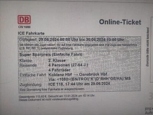 Zugticket 4x Koblenz Osnabrück mit Fahrradmitnahme - Bild 1 von 1