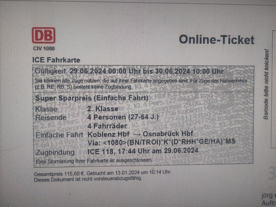 Zugticket 4x Koblenz Osnabrück mit Fahrradmitnahme - Bild 1 von 1
