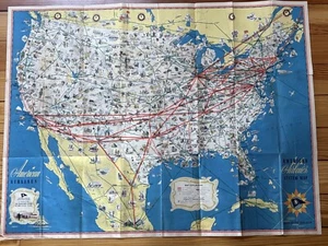 Original Vintage 1940s American Airline System Map Airplane Route Map 24 x 32 - Picture 1 of 9