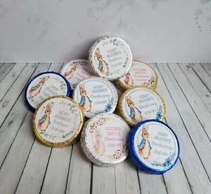 Set of 65 x personalised Peter Rabbit chocolate coins for Christening Baptism - Picture 1 of 6