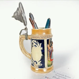 Boccale da birra in ceramica tedesco vintage con bicchiere portapenne coperchio - Picture 1 of 14