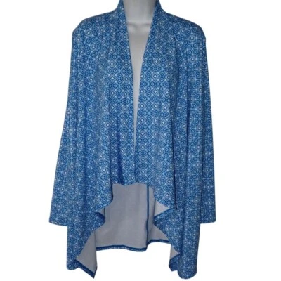 LANDS' END M 10-12 Open Front Waterfall Swim Cover Up Cardigan Blue White Nylon - Image 1 of 4