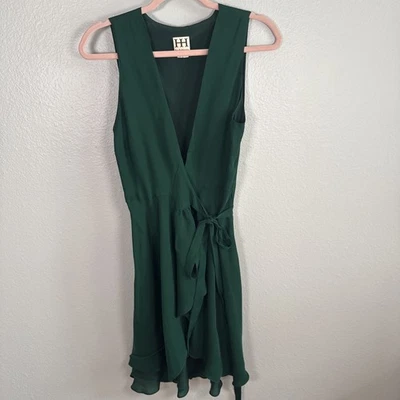 Haute Hippie 100% Silk Chiffon Mini Wrap Tie Waist Dress Sz Small Emerald Green - Image 1 of 4