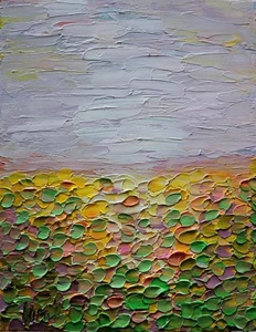 Quadro paesaggio astratto estate cielo lavanda, campi in fiore arte testurizzata - Foto 1 di 5