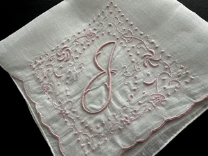 A+ Vintage White Linen Hankie Madeira Hand Embroidered Pink Monogram J Wedding - Picture 1 of 6