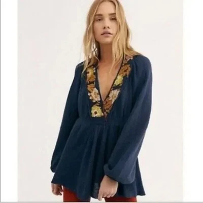 Túnica Boho Free People Bordada Punto Gofre Manga Larga Fluida Lg Foto 1 de 4