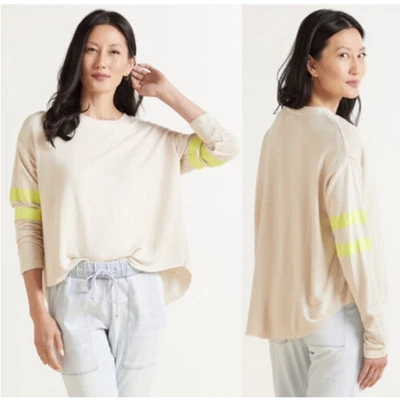 SUNDRY X EVEREVE NWT Ivory Trapeze Sweatshirt w/ Yellow Varsity Stripes // 3 (L) - Image 1 of 4